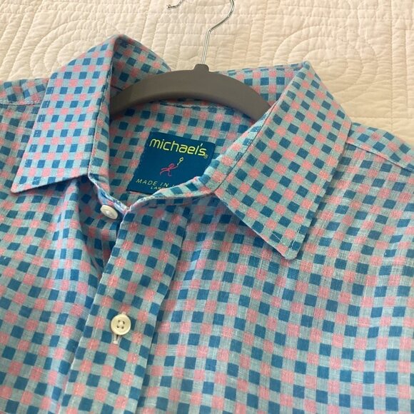 michael's Men's 100% Linen Shirt Made in USA size L pink blue check prints - Picture 7 of 11